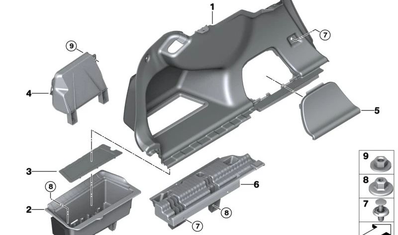 Compartimento lateral maletero izquierdo OEM 51477951241 para BMW G28 (i3 eDrive35L) y BMW G26 (todas las variantes: M50, eDrive40, eDrive35). Original BMW.