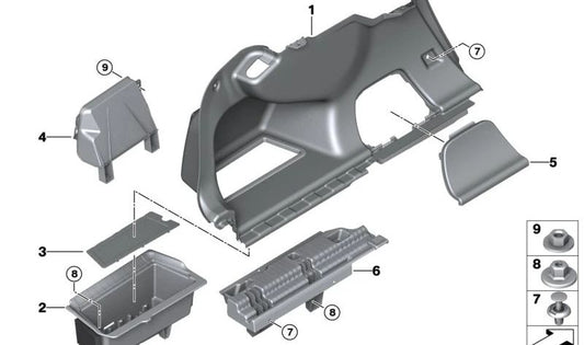 Compartimento lateral maletero izquierdo OEM 51477951241 para BMW G28 (i3 eDrive35L) y BMW G26 (todas las variantes: M50, eDrive40, eDrive35). Original BMW.
