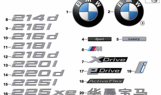 Emblema trasero "220 d" OEM 51147402962 para BMW Serie 2 F46 y F46N. Original BMW.