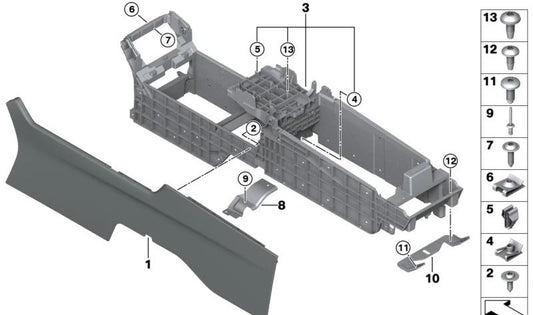 Couvercle de la console arrière gauche pour BMW 7 G12, G12N (OEM 51169359838). BMW d'origine.