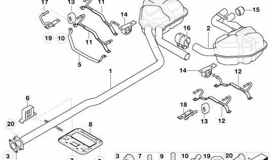 Abrazadera escape trasero izquierda OEM 18201490023 para MINI R53 Cooper S RE31, RE32, RE41, RE42. Original MINI.