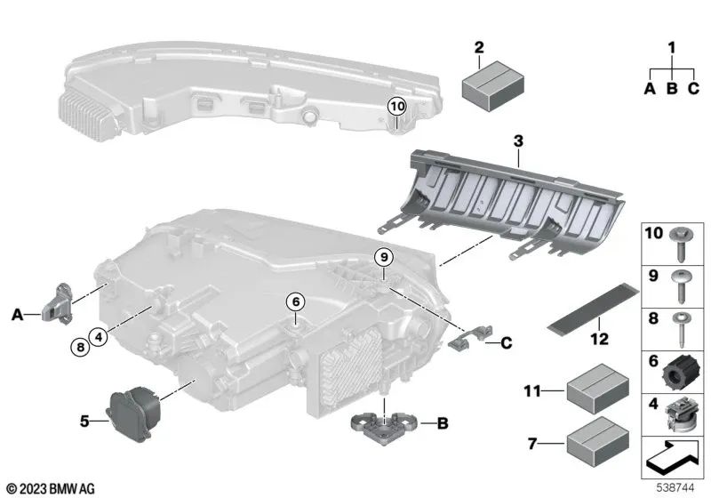 Soporte de faro inferior izquierdo OEM 63115A411E3 para BMW XM G09. Original BMW.