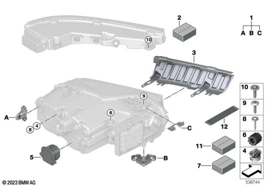 Soporte de faro inferior izquierdo OEM 63115A411E3 para BMW XM G09. Original BMW.