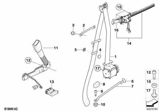 Correia inferior com pré-tensionador direita para BMW Série 1 E81, E82, E87, E87N, E88, Série 3 E90, E90N, E91, E91N, E92, E92N, X1 E84, Z4 E89 (OEM 72117213564). BMW original