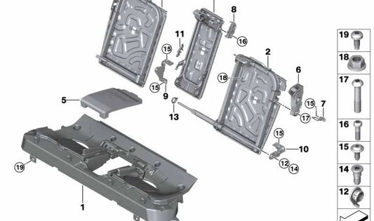 Estructura respaldo asiento derecho OEM 52207327950 para BMW X6 F16 y F86. Compatible con modelos xDrive28i, xDrive30d, xDrive35i, xDrive40d y xDrive50i. Original BMW.