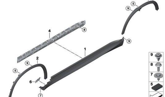 Soporte lateral izquierdo OEM 51777469385 para BMW X5 {F95, F95N, G05, G05N, G18, G18N}. Pieza original BMW.