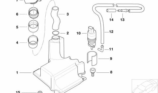 Rear Windscreen Washer Reservoir for BMW 3 Series E46 (OEM 61687010988). Original BMW