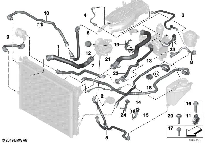 Suporte de tubo de refrigerante para BMW G20, G20N Série 3, G22, G26 Série 4, G30, G31, G38 Série 5, G32 Série 6, G11, G12 Série 7, G01, G08 X3, G02 X4 (OEM 17128642530) BMW original