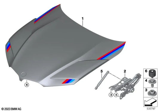 Front Hood Hinge Left for BMW 2 Series G42, G87 3 Series G20, G20N, G21, G21N, G28, G28N, G80, G81 4 Series G22, G23, G26, G82, G83 (OEM 41008494431). Original BMW