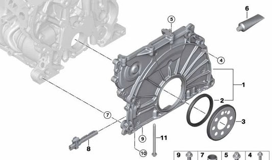 Tapa de cadena motor OEM 11148573980 para BMW F20, F30, G20, E46, F45, F46, F48, F39, I12, I15 y MINI F55, F56, F57, F54, F60. Original BMW y MINI.