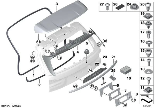 Moldura embellecedora del capó trasero OEM 51135A59DE0 para BMW X7 G07, ALPINA XB7, xDrive40i. Original BMW.