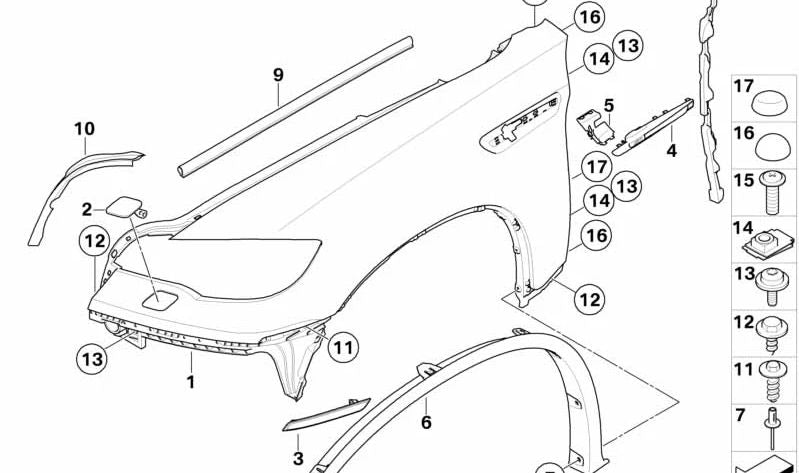 Aletín de paso de rueda delantero izquierdo OEM 51777206659 para BMW E71. Original BMW.