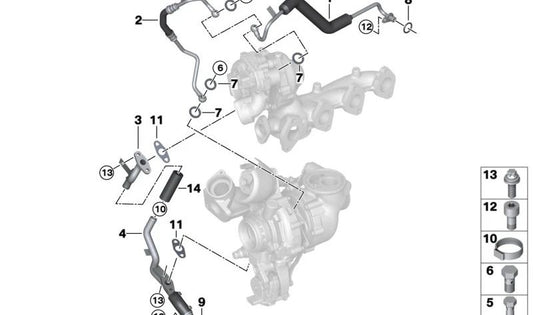 Tubo de aceite OEM 11428479930 para BMW G20, G21, G22, G23, G26, G30, G31, G60, G61, G32, G11, G12, G70, G14, G15, G16, G01, G02, G05, G06, G07. Original BMW.