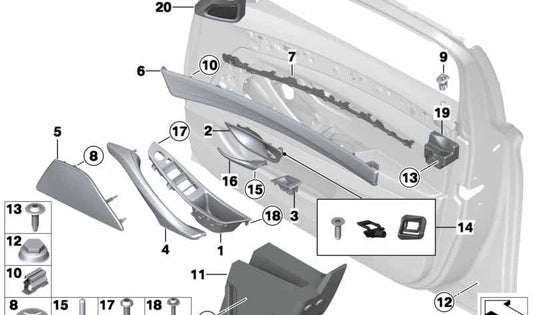 Grachera Door droite OEM 51417225982 pour BMW F10, F11, F18. Couleur gris de l'Everest. Pièce BMW originale.