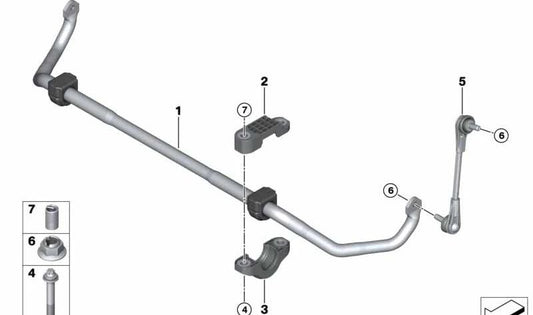 Barra estabilizadora delantera con silentblocks OEM 31306873466 para BMW G30, G30N, G31, G31N, G32, G32N. Original BMW.