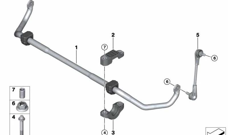 Front stabilizer bar with Silentblocks OEM 31306873463 for BMW G30, G30N, G11N, G12N. Original BMW replacement.