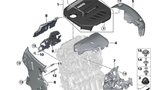 Copertura del motore OEM 11148514203 per BMW G30, G31, G11, G12. BMW originale.