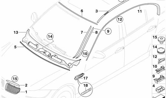 Listón de adorno de techo imprimado izquierdo OEM 51137124253 para BMW Serie 3 E90, E90 LCI. Original BMW.