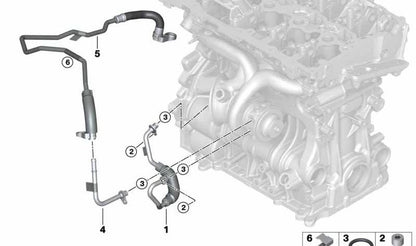 Tubo de retorno del refrigerante del turbo OEM 11538687745 para BMW F45, F46, F48, F39 y MINI F55, F56, F57, F54, F60. Original BMW/MINI.