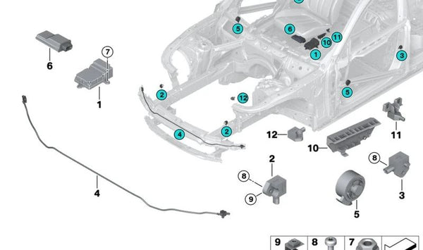 Sensor protección peatones OEM 65766818817 para BMW G02, F98 (X4). Sistema de seguridad para impacto frontal. Original BMW.