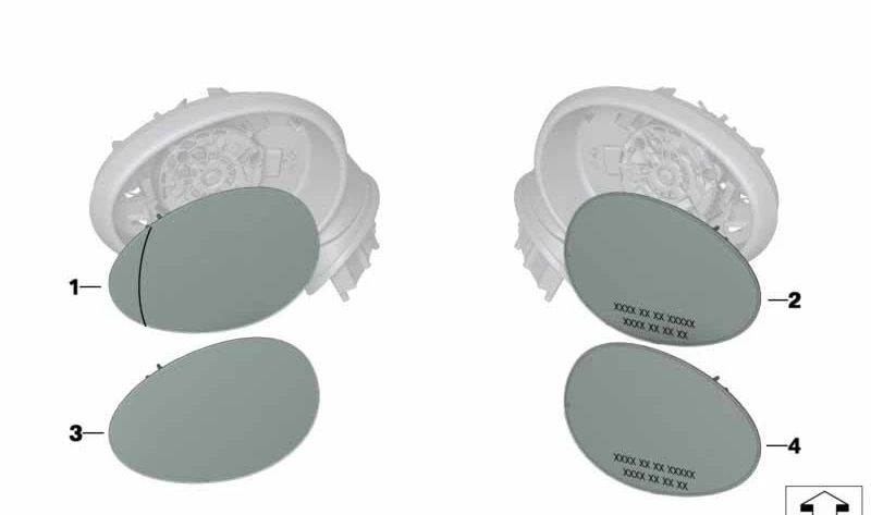 Cristal espejo convexo derecho OEM 51162755630 para MINI R56, R55, R57, R58, R59... y más. Original MINI.