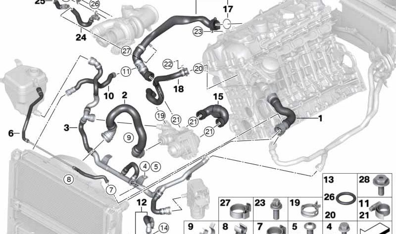 Tubería de refrigeración turbo OEM 11537583900 para BMW E82, E88, F20, F21, E90, E91, E92, E93, F30, F31, F34, F35, F35N, F32, E84. Original BMW.