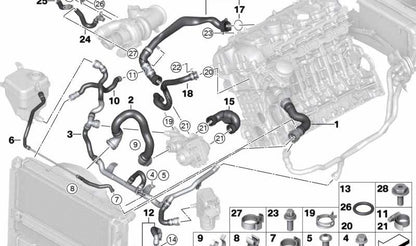 Tubería de refrigeración turbo OEM 11537583900 para BMW E82, E88, F20, F21, E90, E91, E92, E93, F30, F31, F34, F35, F35N, F32, E84. Original BMW.