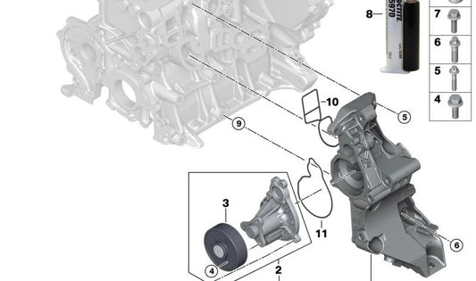 Water pump with OEM support 11517644804 for BMW F20, F21, F22, F23, F30, F31, F32, F36. Original BMW.