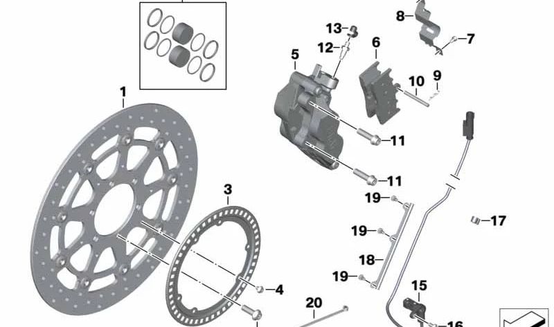 Grampo de freio dianteiro esquerdo sem pílulas OEM 34117728943 para BMW Motorrad K 1600 GT/GTL/Bagger (modelos KK48 e KK61). Compatível com os anos 2010-2027. BMW Motorrad original.
