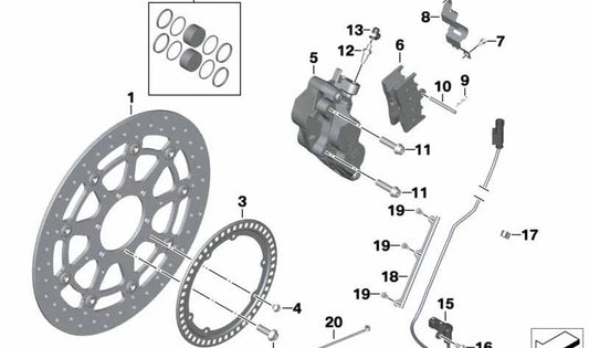 Grampo de freio dianteiro esquerdo sem pílulas OEM 34117728943 para BMW Motorrad K 1600 GT/GTL/Bagger (modelos KK48 e KK61). Compatível com os anos 2010-2027. BMW Motorrad original.