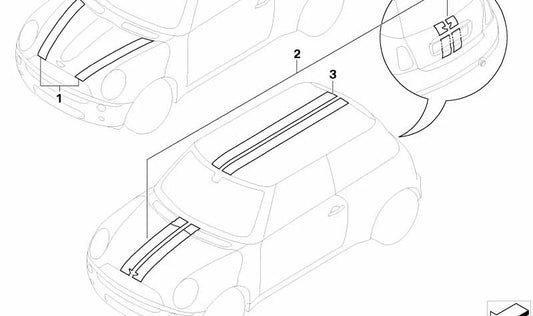 Juego de franjas decorativas negras OEM 51140434968 para MINI R56, R56 LCI, Cabrio R57 LCI. Original MINI.