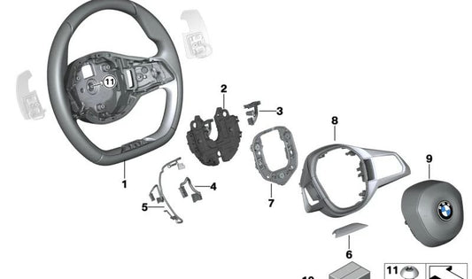 Equipador decorativo para direção OEM 32305A6A5F4 para BMW 7 G70 Series {735i, 740d, 740d xDrive, 740i, 740i xDrive, 750e xDrive}. BMW original.