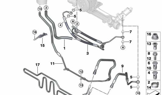 Tubo de retorno dirección asistida OEM 32416781377 para BMW E90 y E91 {318d, 320d} con motor M47. Compatible con versiones manual y automática. Original BMW.