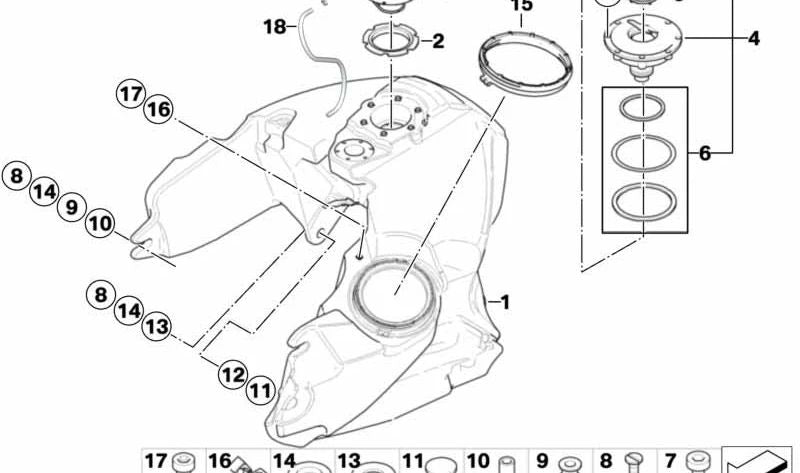 Casquillo depósito de combustible OEM 16112309559 para motos BMW G 650 X, K 1200 GT, K 1200 RS, K 1200 LT, R 1200 RT, R 900 RT, R 1200 ST... y más. Original BMW Motorrad.