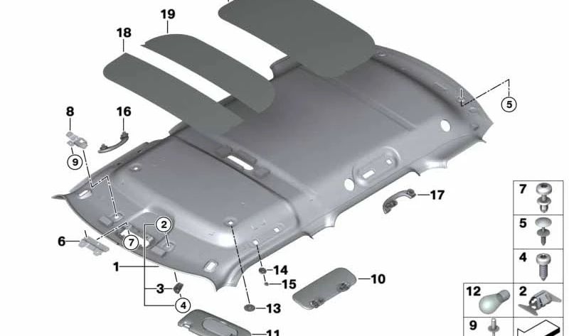 Sujetachapas revestimiento interior techo OEM 51447363547 para MINI Clubman F54, F54 LCI. Original MINI.