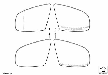 Left flat mirror for BMW X5 E70, E70N and X6 E71, E72 (OEM 51167298161). Original BMW
