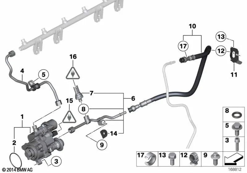 Tubo de alimentação com sensor para BMW Série 3 E90, E91, E92, E93, Série 5 F10, F11, F01N, F02N, Série 6 E63N, E64N (OEM 13537545767). BMW original