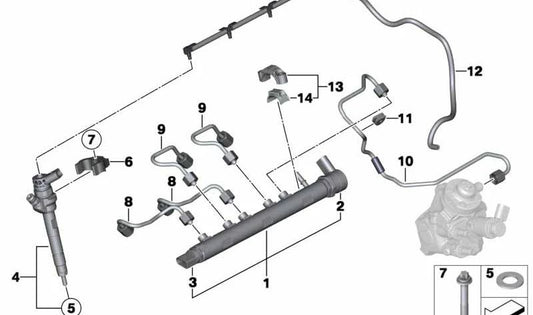 Acumulador de presión de combustible OEM 13537800601 para BMW E81, E82, E87, E88, F20, F21, F22, E90, E91, E92, E93, F30, F31, F34, F32, F33, F36, F07, F10, F11, E84, E83, F25, F15. Original BMW.