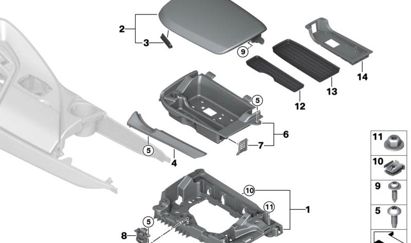 Cierre para reposabrazos central OEM 51169227901 para BMW F22, F23, F87, F30, F31, F34, F80, F32, F33, F36, F82, F83, I12, I15. Original BMW.