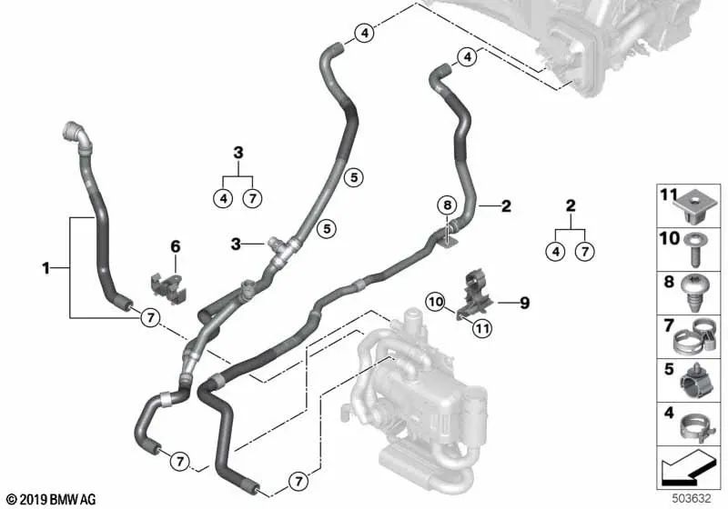 I progressi del tubo del refrigerante per BMW G05, G06, G07 (OEM 6421939809). BMW originale.