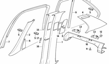 Revêtement intérieur Couleur Pilaire arrière gauche Gris Silver 51438126453 pour la série BMW 5 E34. Pièce BMW originale.