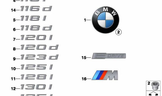 Emblema trasero adhesivo OEM 51147151387 para BMW E81 y E87 (130i). Original BMW.