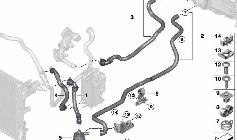 Manguera de refrigerante OEM 64219345339 para BMW G30, G31 (modelos 520i, 530i y 530i xDrive). Conexión delantera del sistema de refrigeración. Original BMW.