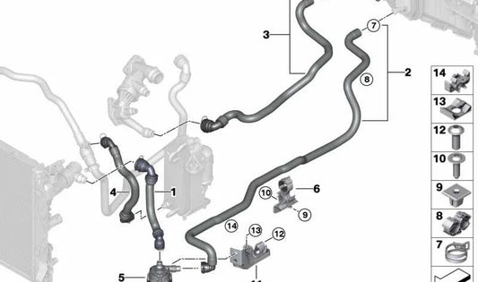 Manguera de refrigerante OEM 64219345339 para BMW G30, G31 (modelos 520i, 530i y 530i xDrive). Conexión delantera del sistema de refrigeración. Original BMW.