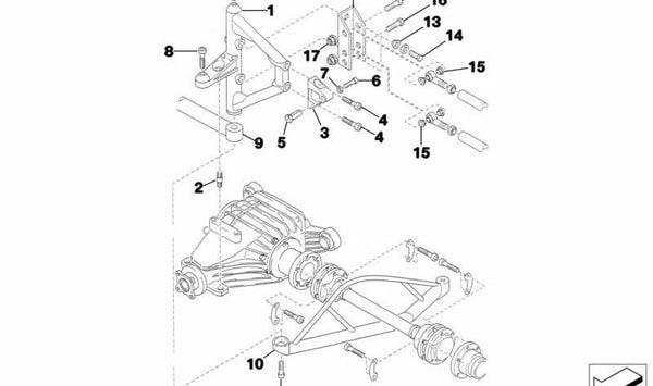 Soporte brazo suspensión trasero izquierdo OEM 33332483319 para BMW E81, E82, E87, E88, E90, E91, E92, E93. Original BMW.