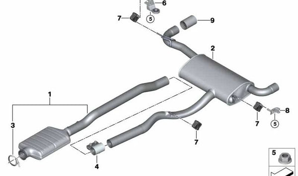 Silencioso trasero / Tapa final de escape OEM 18308593644 para BMW F39 (X2 xDrive18d/20d) y MINI F54 (Cooper S ALL4). Original BMW y MINI.
