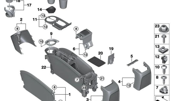 Embellecedor central de la consola OEM 51169386734 para BMW i3 (I01, I01N). Pieza original BMW, ideal para sustituir el embellecedor desgastado o dañado de la consola central.