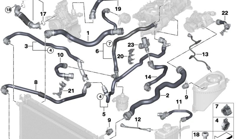 Tubo del radiador al vaso de expansión OEM 17129485206 para BMW G30N, G31N, G32N. Pieza del sistema de refrigeración. Original BMW.