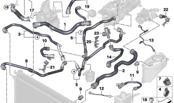 Tubo del radiador al vaso de expansión OEM 17129485206 para BMW G30N, G31N, G32N. Pieza del sistema de refrigeración. Original BMW.