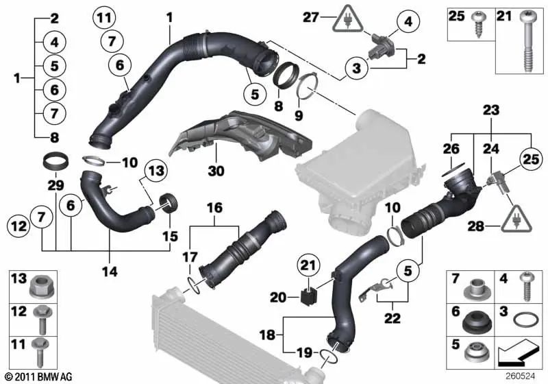 Conducción del aire de carga para BMW Serie 5 F07, F10, F11, F18, Serie 6 F12, X5 E70N, X6 E71 (OEM 13717588268). Original BMW.